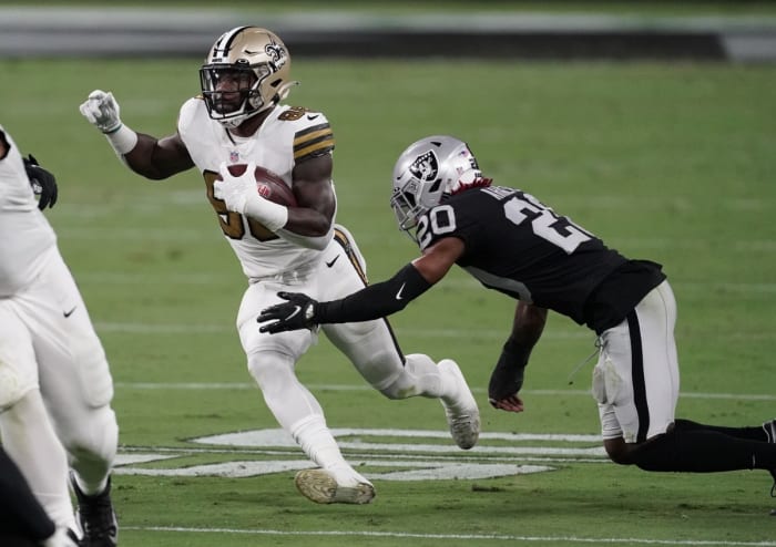 Sep 21, 2020; Paradise, Nevada, USA; Saints running back Ty Montgomery (88) runs the ball against Raiders cornerback Damon Arnette (20). Mandatory Credit: Kirby Lee-USA TODAY Sports
